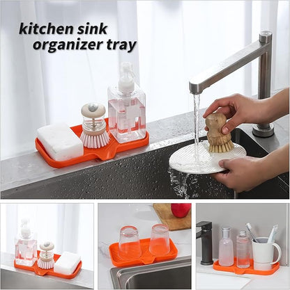 MicoYang Silicone Bathroom Soap Dishes with Drain Spout-Bathroom and Kitchen Sink Organizer,Sponge Holder,Dish Soap Tray,Perfect for Dispenser,Scrubber,Bottle,Cup on Sink or Counter-Orange 9.6"×5.3"