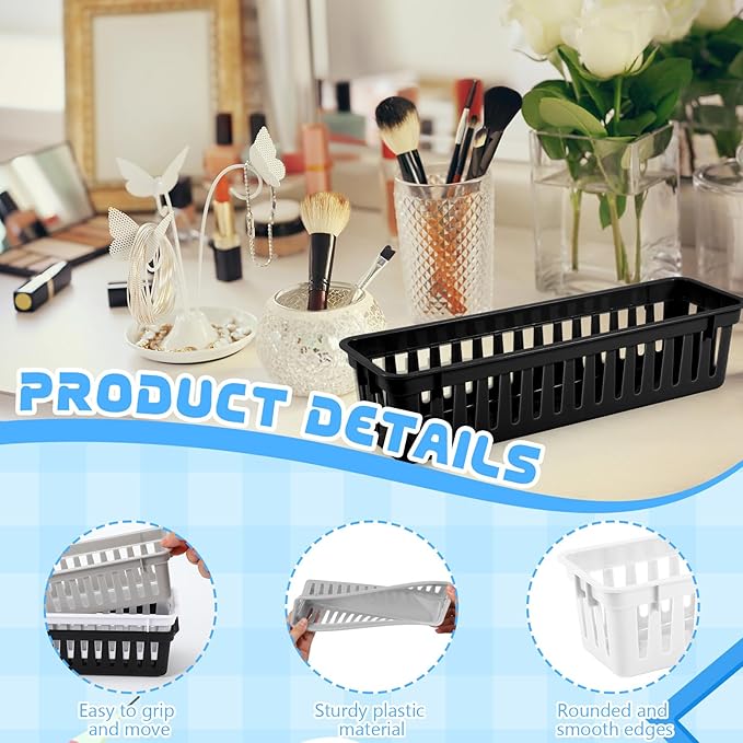 6 Pcs Black,White,Gray Slim Plastic Storage Baskets Tray 10 x 3 x 2.5 Inch Compact Stackable Desk Organizer for Office, Classroom, School Supplies, and Home Storage, Organization(Black,White,Gray)