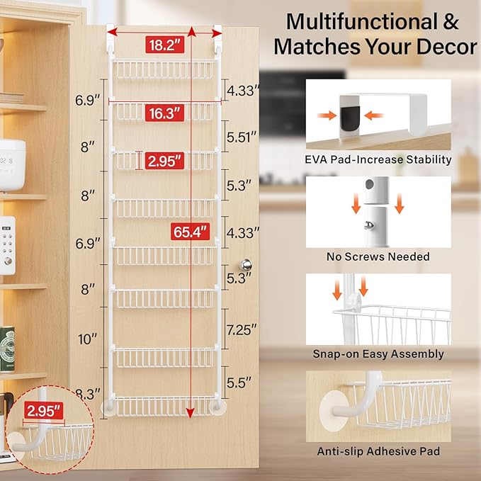 Delamu Over The Door Pantry Organizer, 8-Tier Metal Pantry Door Organization and Storage for Easy Install, Hanging Spice Rack Seasoning Shelves, Door Organizer for Kitchen, 4.65"D x 18"W x 65"H, White