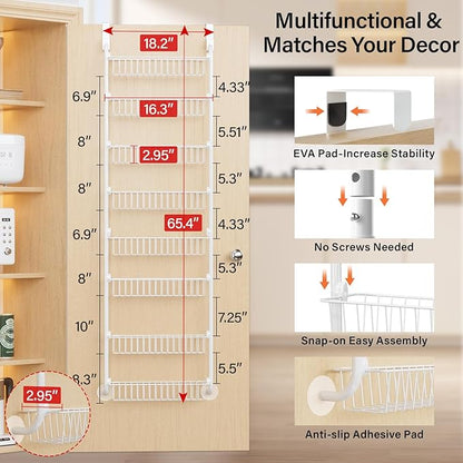Delamu Over The Door Pantry Organizer, 8-Tier Metal Pantry Door Organization and Storage for Easy Install, Hanging Spice Rack Seasoning Shelves, Door Organizer for Kitchen, 4.65"D x 18"W x 65"H, White