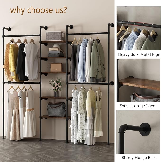 Industrial Pipe Clothing Racks with 5 Shelves, Wall Mounted Clothes Rack for Hanging Clothes, Black Wall Clothing Rack, Heavy Duty Clothes Rack for Walk in Closet, Laundry Room