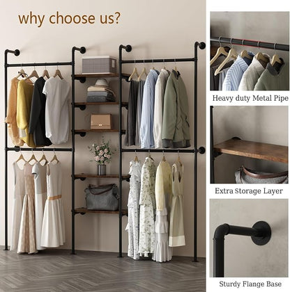 Industrial Pipe Clothing Racks with 5 Shelves, Wall Mounted Clothes Rack for Hanging Clothes, Black Wall Clothing Rack, Heavy Duty Clothes Rack for Walk in Closet, Laundry Room