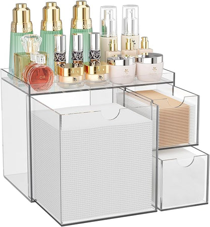 Youdepot Clear Acrylic Face Towel Holder with 3 Drawers, All-in-One Bathroom Vanity Organizer for Disposable Face Towels, Cotton Pads, Swabs and Skincare Tools
