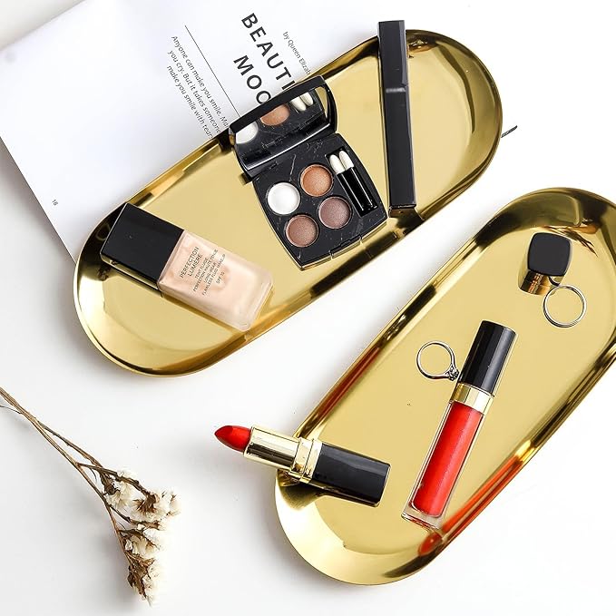 2 PCS Gold Stainless Steel Decorative Tray, 7-Inch Oval Jewelry Dish and Vanity Organizer for Bathroom, Towels, and Small Items