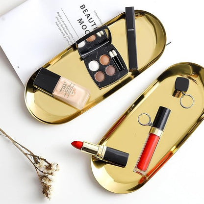 2 PCS Gold Stainless Steel Decorative Tray, 7-Inch Oval Jewelry Dish and Vanity Organizer for Bathroom, Towels, and Small Items