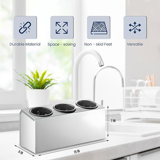 OCS Parts 3-Compartment Silverware Display Holder | Black Cylinders | Stainless Steel Kitchen Caddy Utensil Holder with Perforated Cylinders for Home Kitchens, Restaurants and Buffets