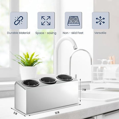 OCS Parts 3-Compartment Silverware Display Holder | Black Cylinders | Stainless Steel Kitchen Caddy Utensil Holder with Perforated Cylinders for Home Kitchens, Restaurants and Buffets