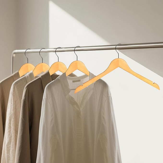 Premium Wooden Top Hangers, Heavy Duty Solid Wood Suit Hangers with 360° Swivel Hook & Anti-Slip Notches, Durable Clothes Hangers for Jackets, Coats, Shirts & Dresses(Natural Wood/12-Pack)
