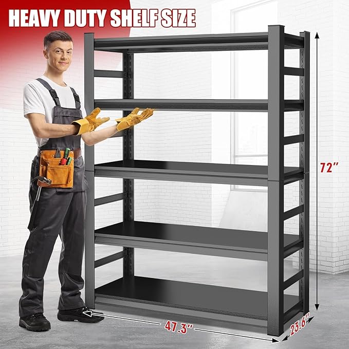 5-Shelf Heavy Duty Garage Shelving Unit, Metal Storage Shelves with Sides, 3000LBS, Adjustable Rack Organizer for Basement Closet Kitchen Pantry, Easy Assembly, Black, (72.3" H*47.2" W*23.6" D)