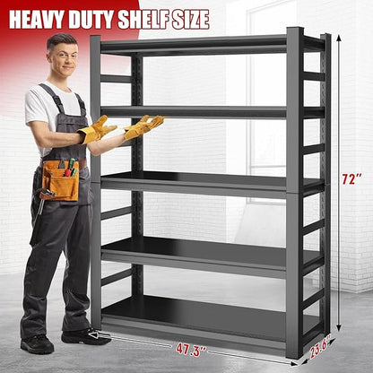 5-Shelf Heavy Duty Garage Shelving Unit, Metal Storage Shelves with Sides, 3000LBS, Adjustable Rack Organizer for Basement Closet Kitchen Pantry, Easy Assembly, Black, (72.3" H*47.2" W*23.6" D)