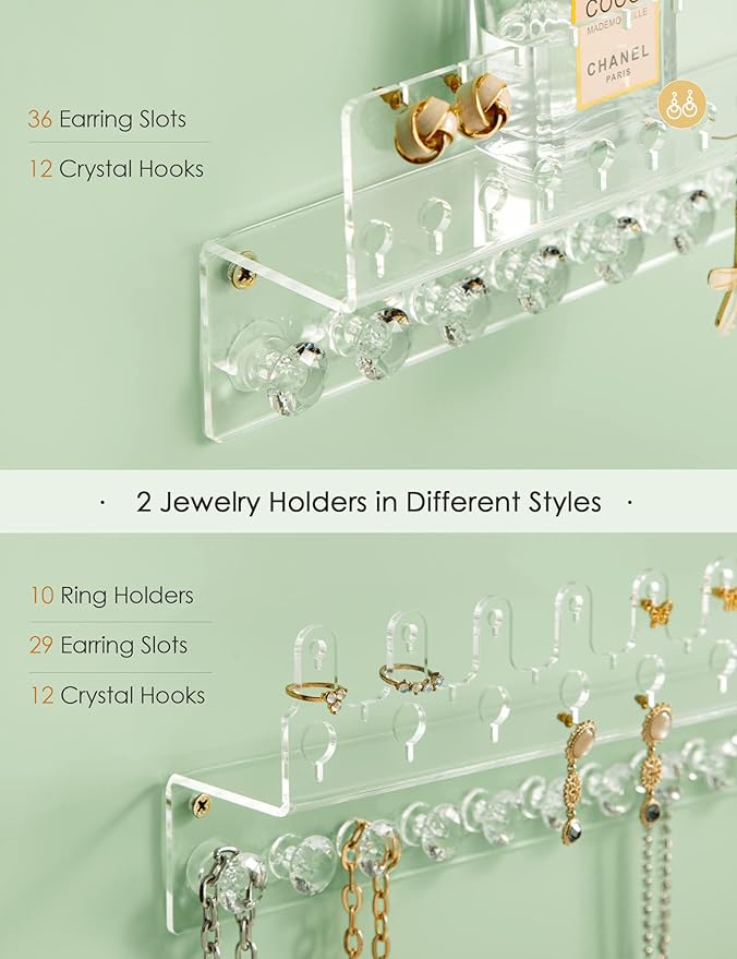 Acrylic Hanging Jewelry Organizer Wall Mounted Jewelry Holder with Floating Shelf, Necklace Holder Organizer, Stud Earring Organizer and Ring Holder for Women Girls (2 Pack)