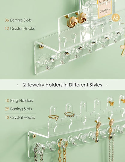 Acrylic Hanging Jewelry Organizer Wall Mounted Jewelry Holder with Floating Shelf, Necklace Holder Organizer, Stud Earring Organizer and Ring Holder for Women Girls (2 Pack)