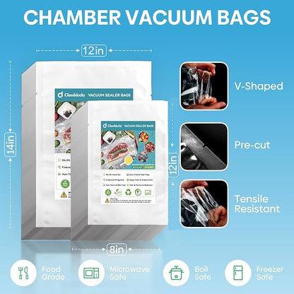 Chamber Vacuum Sealer Bags,8"X12"&12"X14"200Pcs Pre-cut Chamber Machine Pouches,Heavy Duty Chamber Vacuum Bags for Commercial Sealer,Food Storage,Meal Prep,Sous Vide,Meat Cheese Goods