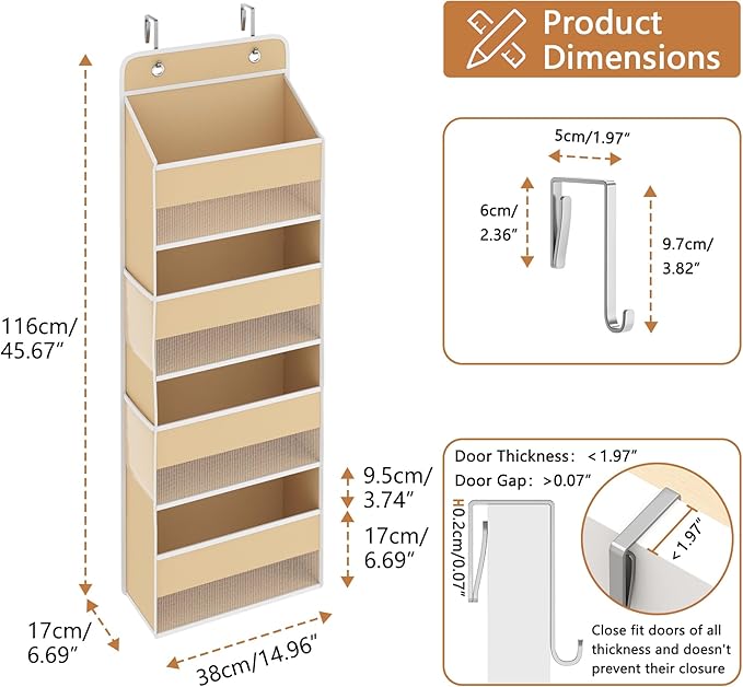 Kaitiemoo 1 Pack 4-Tier Over the Door Organizer, Heavy-Duty Large Deep Pocket Hanging With 4 Large Front & 4 Side Pockets With for Pantry, Kitchen, Bathroom, Dorm, Beige