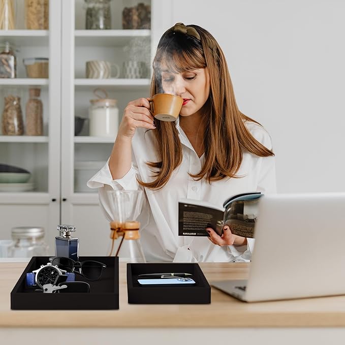 BBK Bathroom Vanity Tray- 2 Pack (7.8" and 11.8") Silicone Bathroom Tray for Counter, for Perfume Key Trinket Ring Soap Organization - Black