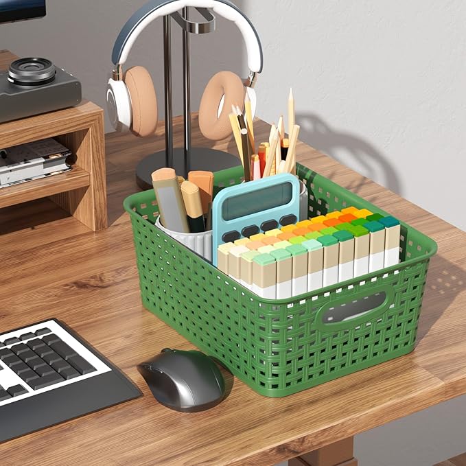 Sadstory Deep Green Plastic Woven Storage Basket, Plastic Shelf Basket, 6 Packs