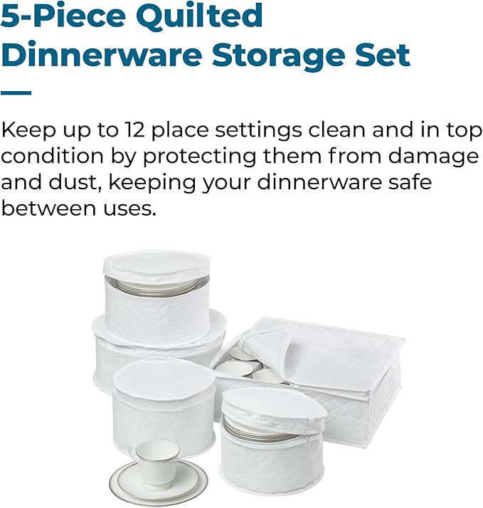 Honey-Can-Do Dinnerware Storage Containers Set, Perfect for Dish Storage, China Storage, and Cup Storage, Quilted Containers To Keep Your Heirlooms and Fine China Protected and Organized, 5-Piece Set
