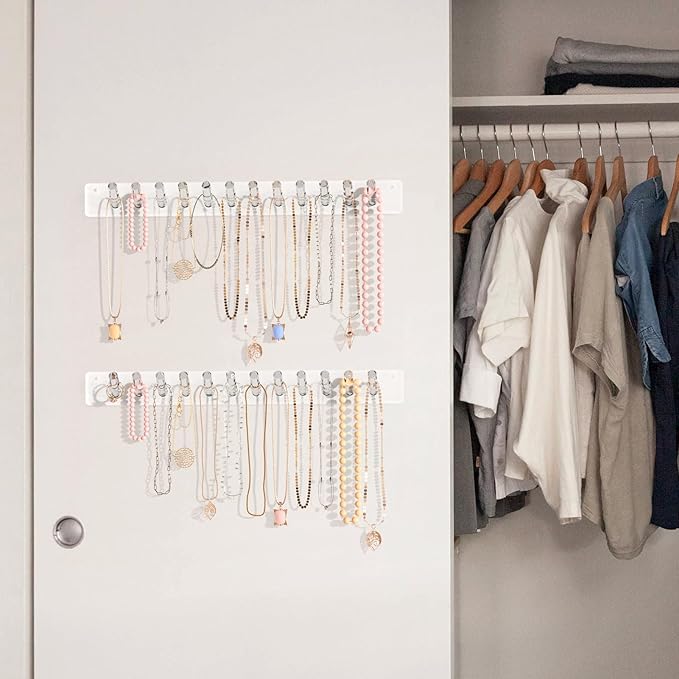 MaxGear Necklace Holder Wall 2-Pack, Clear Acrylic Jewelry Organizer with 24 Hooks, Tangle-Free Display for Necklace, Bangles, Ring, Bracelet Storage, Perfect for Bathroom, Vanity, Closet Door