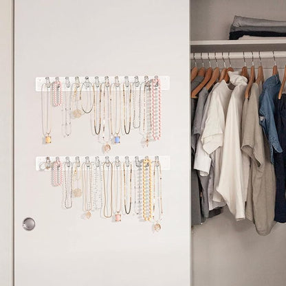 MaxGear Necklace Holder Wall 2-Pack, Clear Acrylic Jewelry Organizer with 24 Hooks, Tangle-Free Display for Necklace, Bangles, Ring, Bracelet Storage, Perfect for Bathroom, Vanity, Closet Door