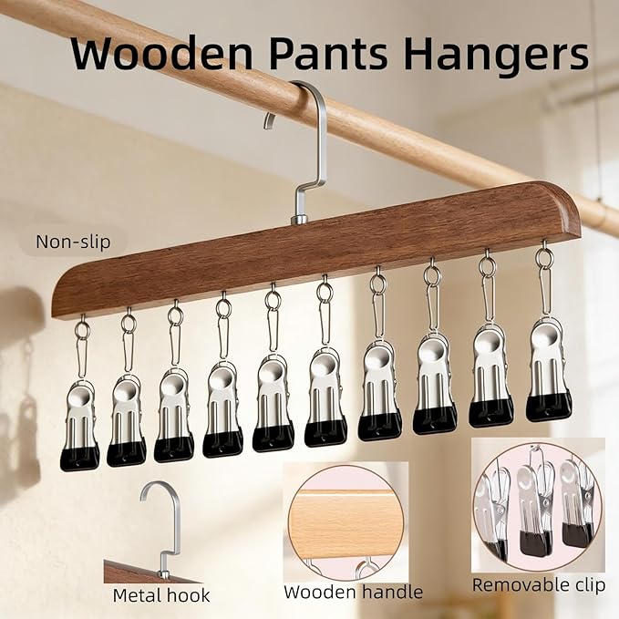 Closet Organizer with 10 Clips, Space Saving Hanging Closet Organizer, Space-Saving Hat Scarf Clothespins for Jeans Skirts Socks Pant Hangers (Brown-10 Clips, 1PC)