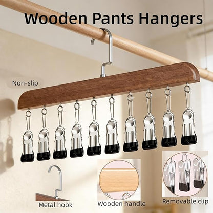 Closet Organizer with 10 Clips, Space Saving Hanging Closet Organizer, Space-Saving Hat Scarf Clothespins for Jeans Skirts Socks Pant Hangers (Brown-10 Clips, 1PC)