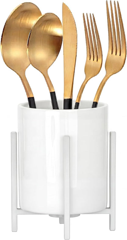 Ceramic Flatware Caddy, Silverware Caddy Cutlery Holder, Round Utensil Crock, Kitchen Utensil Holder for Countertop, Solid White Cup and White Metal Bracket, 1 Pcs