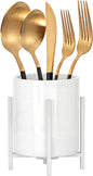Ceramic Flatware Caddy, Silverware Caddy Cutlery Holder, Round Utensil Crock, Kitchen Utensil Holder for Countertop, Solid White Cup and White Metal Bracket, 1 Pcs