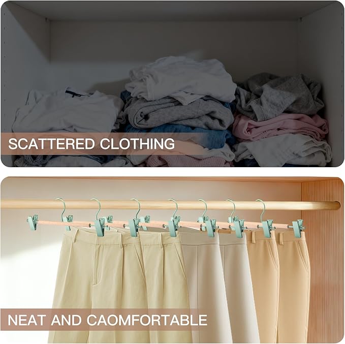 Wooden Pants Hangers with Clips 24 Pack, Heavy Duty Adjustable Clip Non Slip Skirt Hanger for Jeans, Trousers, Short, Clothes, Space Saving Closet Organizer (Green, 24 Pack)