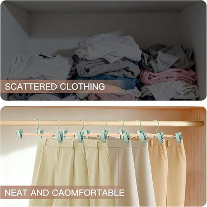 Wooden Pants Hangers with Clips 24 Pack, Heavy Duty Adjustable Clip Non Slip Skirt Hanger for Jeans, Trousers, Short, Clothes, Space Saving Closet Organizer (Green, 24 Pack)