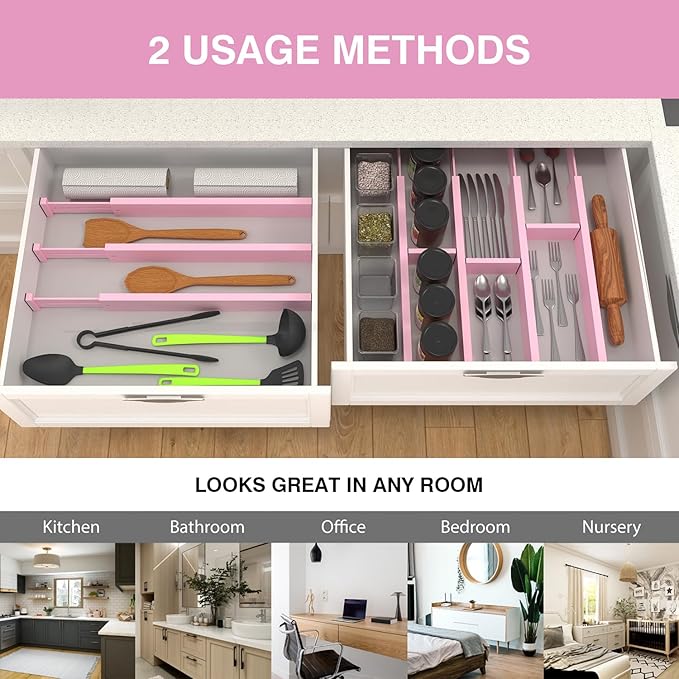 ANTOWIN Expandable Bamboo Drawer Dividers Organizers, Drawer Separators Splitter, 17-22 inches Long Adjustable Spring-loaded Organizer for Large Utensil, Clothes, Tools(Pink)