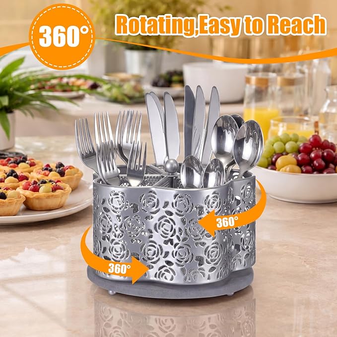 360 Degree Rotating Utensil Caddy Silverware Cutlery Caddy Holder with 5 Compartment Kitchen Countertop Organizer for Spoon Fork Flatware Storage for Home or Outdoor Picnic Camping(Silver)