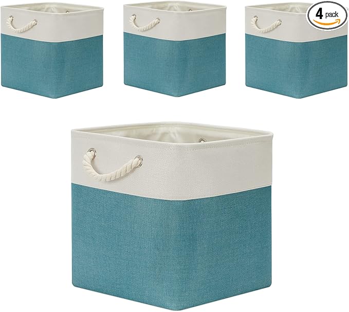 Temary Fabric Storage Set - 4 Large Cube Baskets (13x13), White & Teal