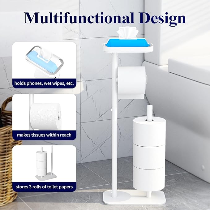 Kitsure Toilet Paper Holder Free Standing – Rustproof Metal Toilet Paper Stand for 4 Rolls with Anti-Slip Base and Shelf for Phone & Small Items, Bathroom Organizers and Storage, Medium, White
