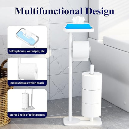 Kitsure Toilet Paper Holder Free Standing – Rustproof Metal Toilet Paper Stand for 4 Rolls with Anti-Slip Base and Shelf for Phone & Small Items, Bathroom Organizers and Storage, Medium, White
