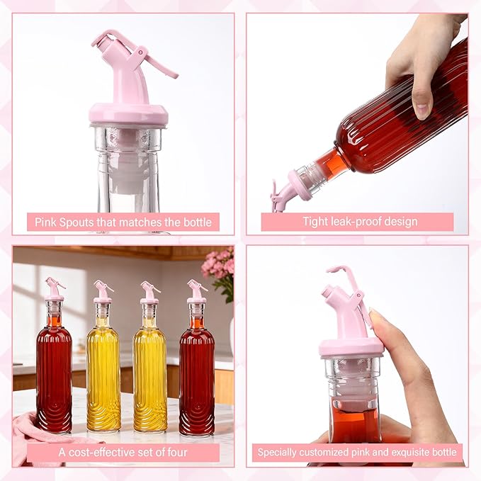 Vesici 4 Set 17oz Pink Syrup Dispenser, Glass Syrup Bottles for Coffee Bar, Pink Leak-Proof Coffee Accessories