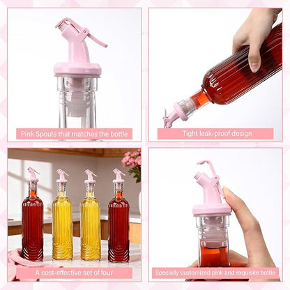 Vesici 4 Set 17oz Pink Syrup Dispenser, Glass Syrup Bottles for Coffee Bar, Pink Leak-Proof Coffee Accessories