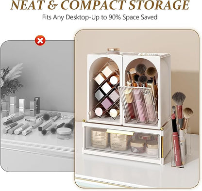 FOLLOWIN Compact Makeup Organizer Set, Lipstick Holder with Grid,Makeup Brush Organizer with Flip Drawer, 2 Ways to Arrange, Milk White Vanity Countertop Storage with Detachable Drawer for Cosmetics