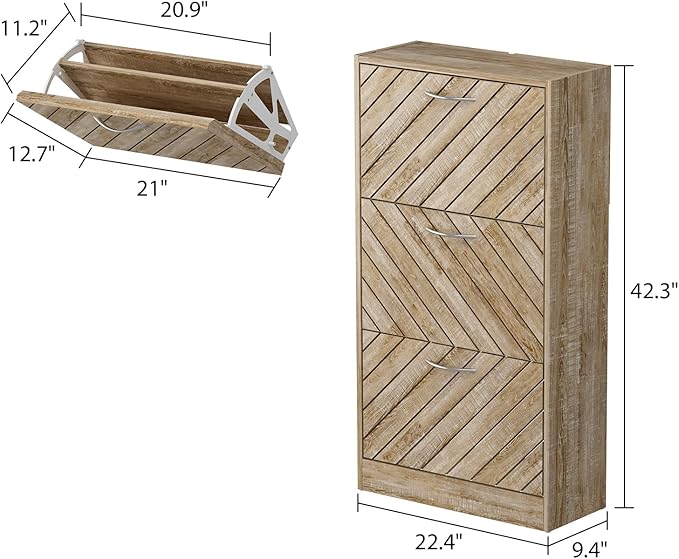 Homsee Modern Shoe Storage Cabinet with 3 Flip Drawers & Twill Louver Doors, Wood 3-Tier Shoe Rack Storage Organizer for Entryway, Hallway & Bedroom, Brown (22.4”L x 9.4”W x 42.3”H)