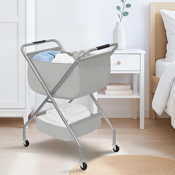 STORAGE MANIAC Collapsible Laundry Cart with Wheels 31.5"H Rolling Laundry Hamper Clothes Basket with Wheels, Canvas Liner Sturdy Steel Frame Folding for Small Narrow Space Easy Storage, Grey