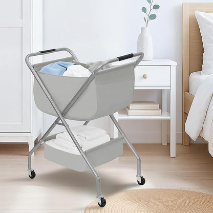 STORAGE MANIAC Collapsible Laundry Cart with Wheels 31.5"H Rolling Laundry Hamper Clothes Basket with Wheels, Canvas Liner Sturdy Steel Frame Folding for Small Narrow Space Easy Storage, Grey