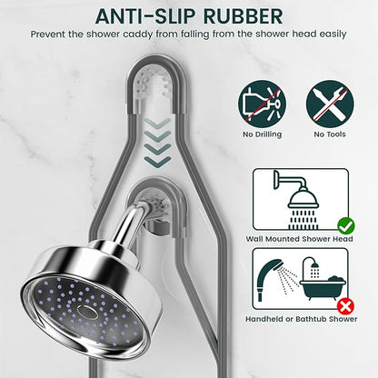 REINHARDT Shower Caddy Hanging Adjustable, Extended Length Rustproof Shower Caddy Over Shower Head with Hooks Soap Holder, Large Capacity Shower Organizer Anti-Swing Bathroom Organizer, Grey