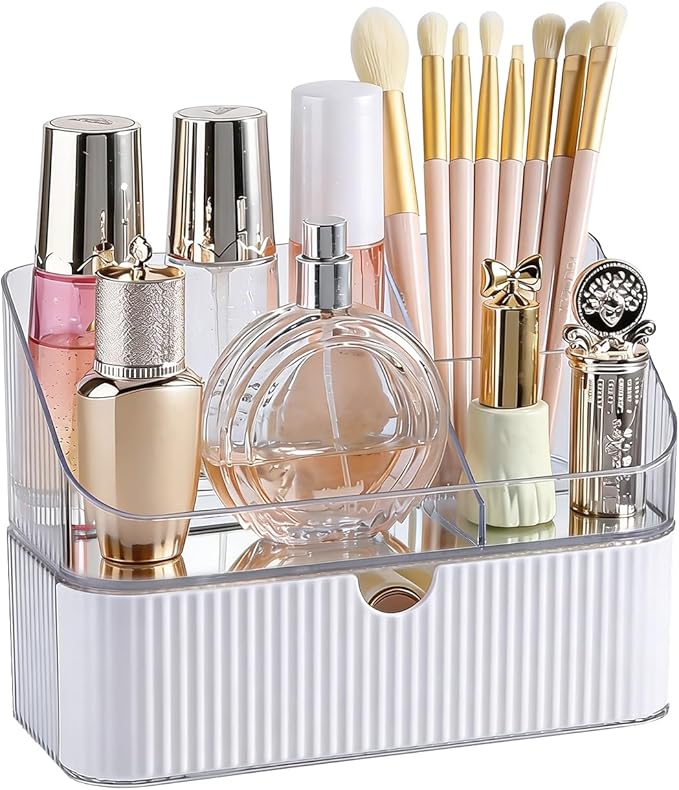 DASITON Makeup Organizer with Drawers, 2 Tier Stackable Organizer for Cosmetics, Skincare, Lipsticks, Makeup Brush, Acrylic Small Makeup Organizers for Vanity Bathroom Countertop Desk Storage (White)