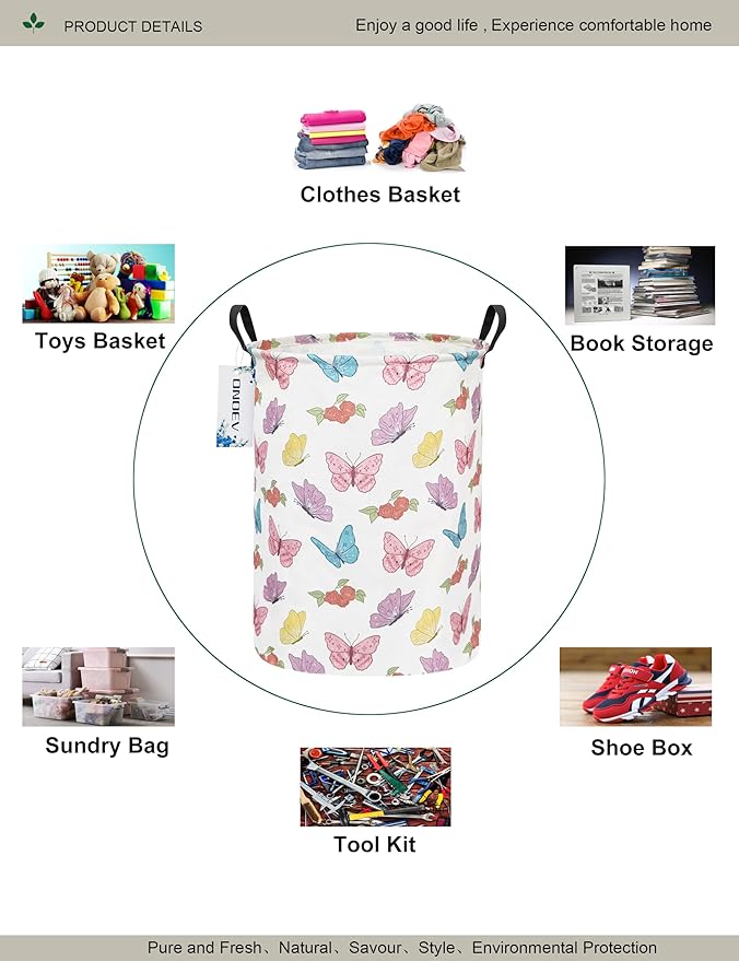 Round Waterproof Laundry Basket,Foldable Storage Basket,Laundry Hampers With Handle,Gift Basket,Suitable for Children's Room and Toy Storage (Butterfly)