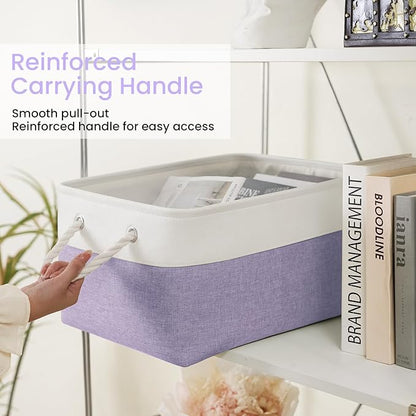 Large Storage Baskets- 15.7x11.8x8.26 inch Storage Bins for Shelves and Closet Organizing, Foldable Fabric Bin for Home Organization Clothes and Laundry (1-Pack, White&Purple)