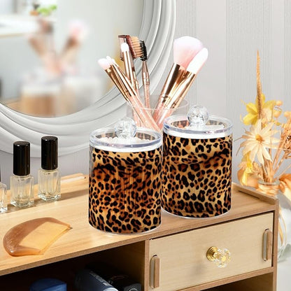Kigai Leopard Print Qtip Holder - 14OZ Clear Plastic Apothecary Jars Bathroom Canister Dispenser Organizer Vanity Storage Jar with Lid for Cotton Ball, Cotton Swab, Floss (4PACK)
