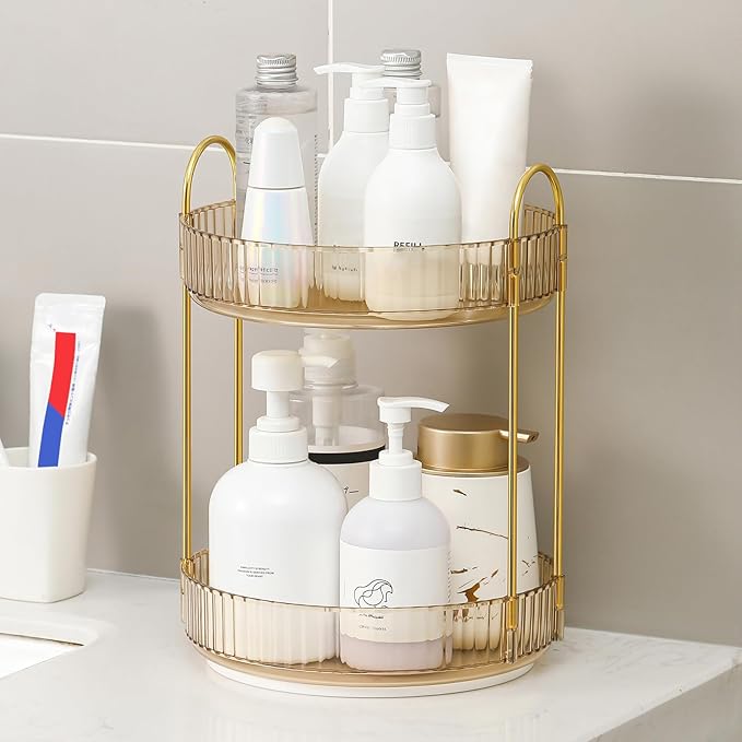 360 Rotating Makeup Organizer for Vanity, Bathroom Countertop Spinning Perfume Organizer, High-Capacity Cosmetic and Skincare Dresser Make Up Holder Rack (2 Tiers, Yellow)