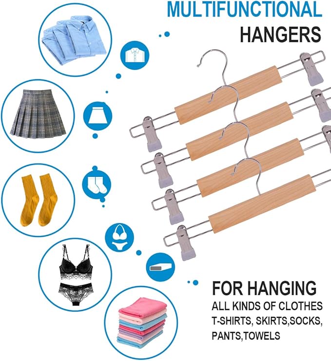 Wooden Pants Hangers 12Packs, Skirt Hangers with Adjustable Clips, Non Slip Wood Clothes Hangers with Clips, Space Saving Hangers for Pants Skirts Trousers Slacks Jeans