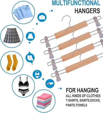 Wooden Pants Hangers 12Packs, Skirt Hangers with Adjustable Clips, Non Slip Wood Clothes Hangers with Clips, Space Saving Hangers for Pants Skirts Trousers Slacks Jeans
