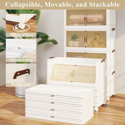 Storage Bins with Lid, 111 Gal/444 Qt, 4 Pack Large Stackable Storage Bins with Lid, White Collapsible Storage Bins with Wheels, Foldable, Customizable, for Home Office Organization