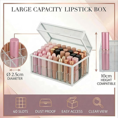 40 Lipsticks Organizer with Lid, Glass Display Box Fits Large Perfume & Skincare, Easy-Access Organiser for Vanity Countertop, Multifunctional Display Box in Any Rooms